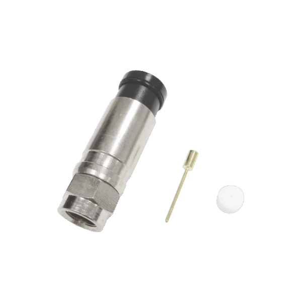 Conector F Macho de Compresión Axial con Borne Negro para instalar en Cable Coaxial RG-11, 75 Ohm, Bronce-Niquelado.