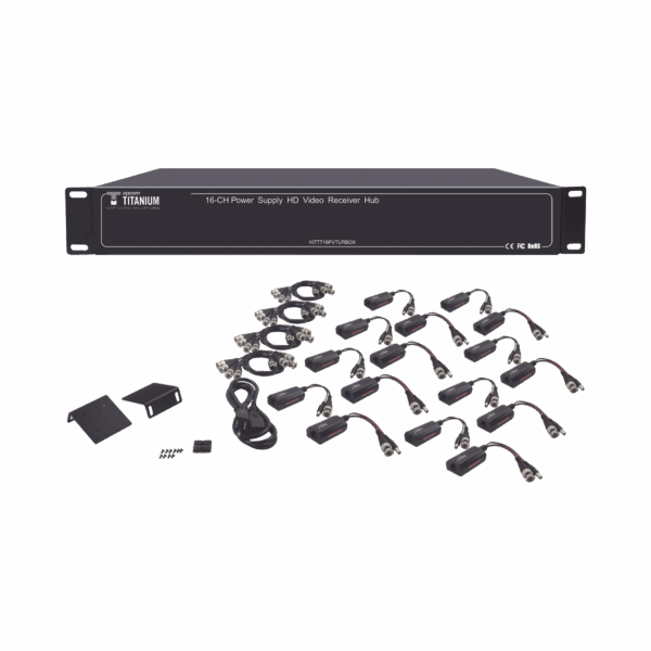 Kit de TRANSCEPTOR ACTIVO DE 16 Canales / VIDEO+PODER en un solo Cable UTP / 150m en 4K, 200m en 5 MP/ Envía 36 Vcc y recibe 12 Vcc / TODO INCLUIDO PARA RACK / Compatible con cámaras HD-TVI/CVI/AHD/CVBS / Instalación Limpia