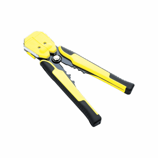 Pinza multifuncional Pelacables, con terminal de pestaña, prensado automático de color amarillo.