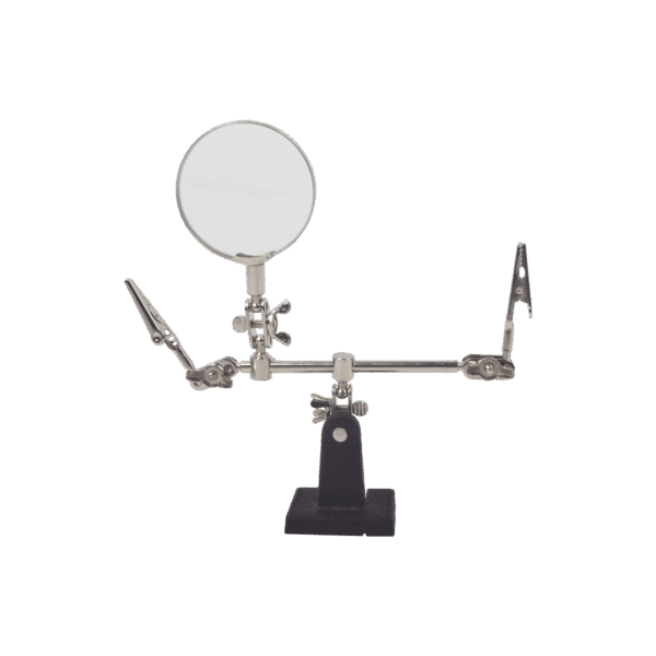 Soporte con lupa y dos brazos con clip. Ideal para trabajos de soldadura.
