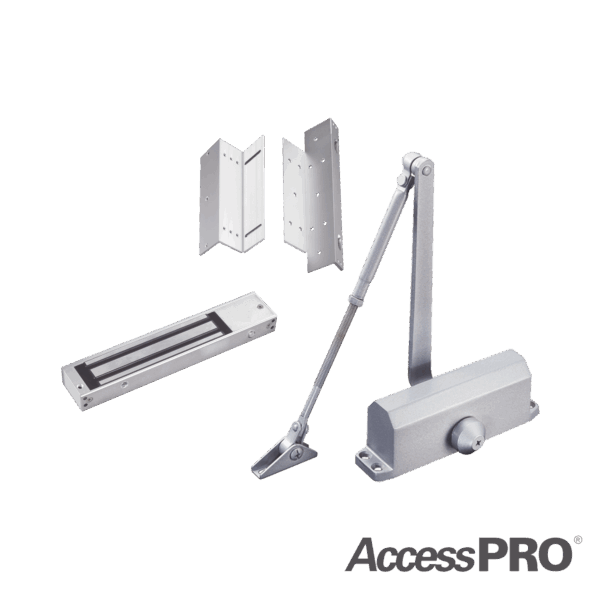 Kit para control de acceso incluye Chapa magnética de 600Lbs / Montajes L y Z / Cierra puerta para 45-65Kg.