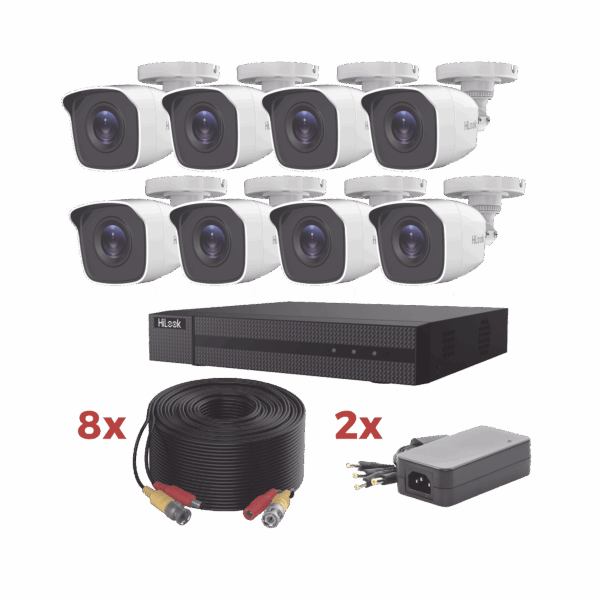 Kit TurboHD / DVR 8 Canales 1080p Lite / 8 Cámaras bala 1080p metalicas / 8 cables de 20 metros / 2 fuentes de 4 canales