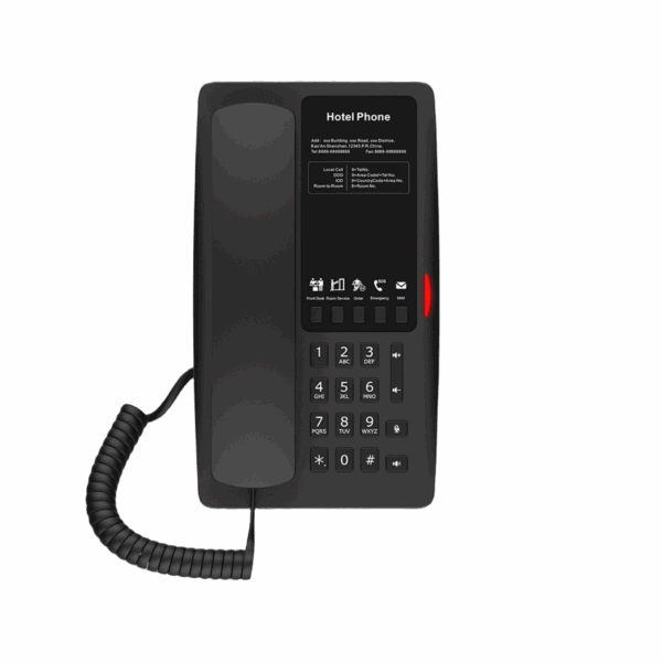 Teléfono IP WI-FI para Hotelería, Puerto USB-A para carga, 5 teclas programables para servicio rápido (Hotline), plantilla personalizable con PoE