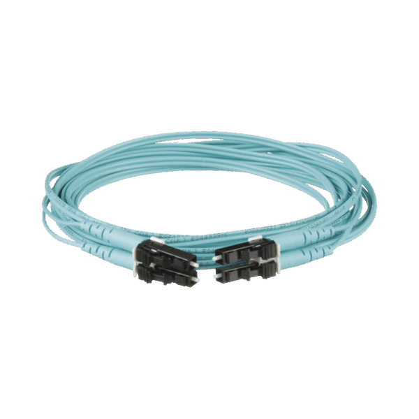 Jumper de Fibra Optica Multimodo 50/125 OM4, LC-LC Duplex, OFNR (Riser), Color Aqua, 1 Metro