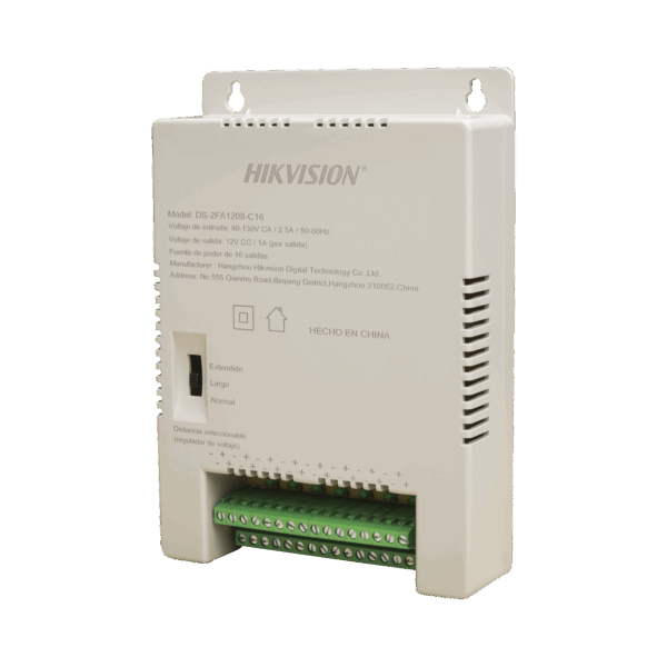 Fuente de Poder Regulada 12 Vcc / 13.5 Vcc / 15 Vcc para 16 Cámaras / 1 Amp por Salida / Voltaje de Entrada 185 - 240 VCA / Soporta 4K / Modo para Largas Distancias