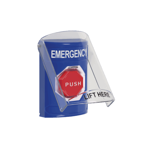 Botón Multipropósito, Color Azul, De Superficie, Con Tapa De Policarbonato, Con Bocina Pre Alarma, Para Interior, Llave Para Restablecer, Texto De Emergencia, Ingles