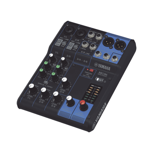 Mezcladora de Audio | 6 Canales | 2 entradas de micro/6 de línea (2 mono + 2 estéreo) | Alimentación Phantom