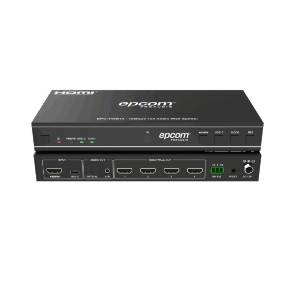 Videowall 4K 1x4 | HDMI & USB-C | 8 Modos de Visualización | Audio Óptico/Analógico | Control RS-232/IR | Plug & Play
