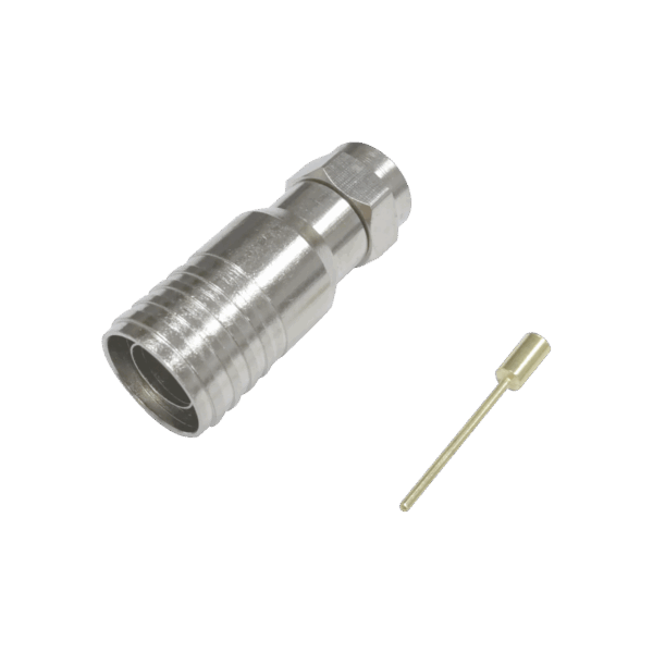 Conector F Macho en 75 Ohm, Plegable para Instalar en Cables Coaxiales RG-11, Cuerpo de Bronce-Niquelado/ Teflón.