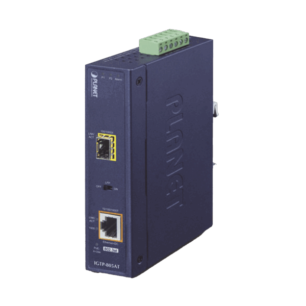Convertidor de Medios PoE Industrial, Puerto SFP 1000BASE-SX/LX a Puerto RJ45 Gigabit con Salida PoE 802.3at (Hasta 30 W).