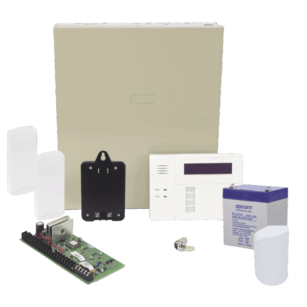 Panel de Alarma VISTA48LA Teclado Alfanumérico con Receptor Inalámbrico, Batería, Transformador, Sensor de Movimiento y 2 Contactos Magnéticos Inalámbricos SFire