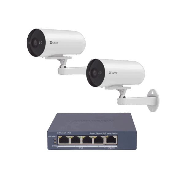 Kit de cámaras WiFi Para Uso en Exterior / 2 piezas CS-H5/3MP/ POE Af / 1 Pieza de Switch DS-3E1505P-EI/M / Vision Nocturna a Color / IP67 / Audio Bidireccional / Luz y Sirena / 4 Puertos 1000 Mbps PoE+ / 1 Puerto 1000 Mbps Uplink