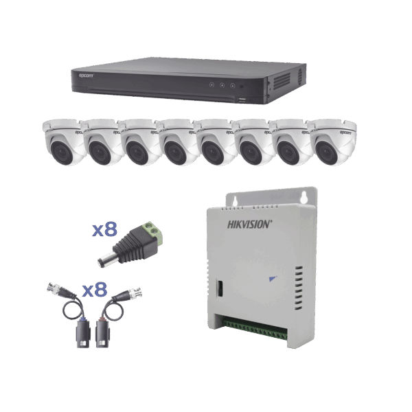 KIT TurboHD 1080p / DVR 8 Canales / 8 Cámaras Eyeball (exterior 2.8 mm) / Transceptores / Conectores / Fuente de Poder Profesional hasta 15 Vcc para Larga Distancia