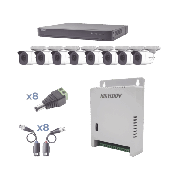 KIT TurboHD 1080p / DVR 8 Canales / 8 Cámaras Bala (exterior 2.8 mm) / Transceptores / Conectores / Fuente de Poder Profesional hasta 15 Vcc para Larga Distancias