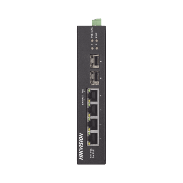 Switch Industrial No Administrable Gigabit / 3 Puertos Gigabit PoE+ (30 W) + 1 Puerto Gigabit PoE++ (60 W) / 2 Puertos SFP / 65 W Total / 48 a 57 VCD / Ideal para Proyectos / 300 Metros de Distancia