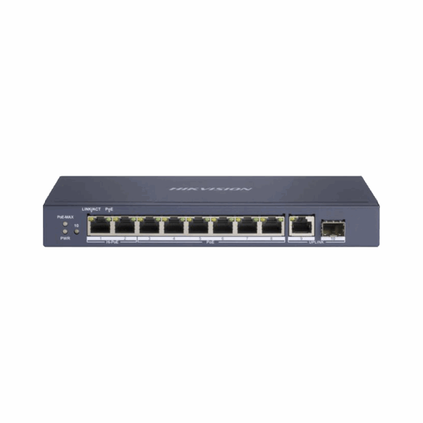 Switch PoE+ / No Administrable / 7 Puertos 1000 Mbps 802.3 af/at (30 W) / 2 Puertos 1000 Mbps Hi-PoE (90 W) / 1 Puertos 1000 Mbps Uplink / 1 Puerto SFP / Modo Extendido hasta 300 Metros / 110 Watts
