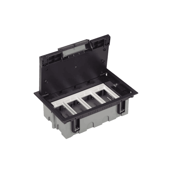 Caja Para Instalación en Pavimento para Voz, Datos o Contactos Eléctricos / Capacidad para 4 Módulos / Espacio Embellecedor en la Tapa / Profundidad Ajustable de 90 a 120 mm / Los Módulos se Adquieren Aparte / Incluye Registro