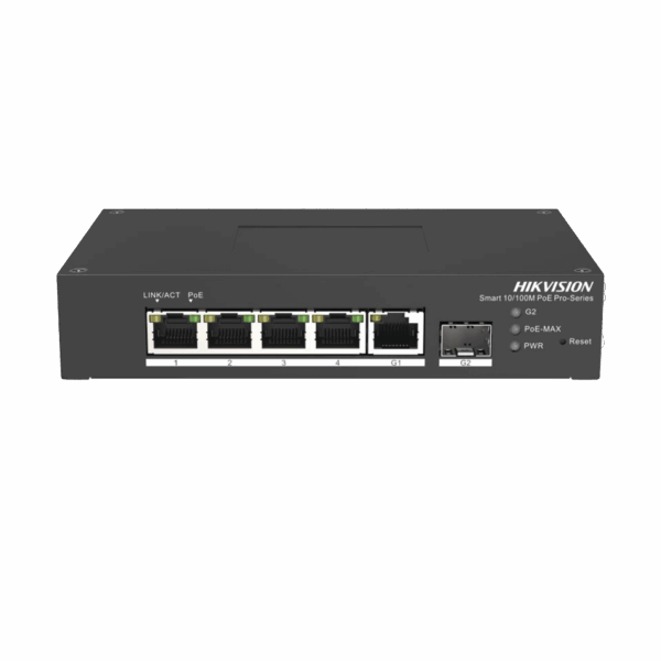 Switch PoE+ Industrial de Escritorio / Administrable / 4 Puertos 10/100 Mbps PoE+ / 1 Puerto 1000 Mbps Uplink / 1 Puertos SFP  /  Configuración Nube Hik-PartnerPro / Modo Extendido hasta 300 Metros / 60 Watts
