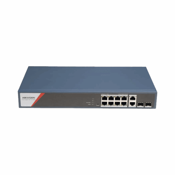 Switch Gigabit PoE+ / Administrable / 8 Puertos 1000 Mbps PoE+(4 Puertos PoE++ 90 W) / 2 Puertos 1000 Mbps de Uplink / 2 Puertos SFP / Configuración Nube Hik-PartnerPro / Modo Extendido hasta 300 Metros / 130 W