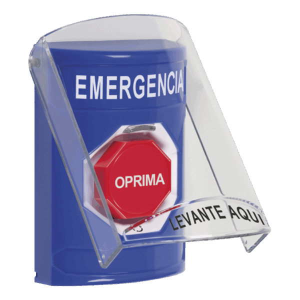 Botón Multipropósito, Color Azul, De Superficie, Con Tapa De Policarbonato, Sin Bocina Prealarma, Para Interior, Girar Para Restablecer, Texto De Emergencia, Español