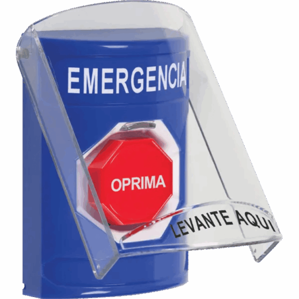 ?Botón Multipropósito, Color Azul, De Superficie, Con Tapa De Policarbonato, Sin Bocina Pre Alarma, Solo Interior, Llave Para Restablecer, Texto De Emergencia, Español