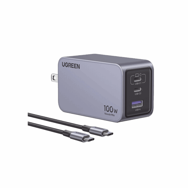 Cargador de 100W serie Nexode Pro | 3 Puertos de Carga Rápida | 2 USB-C | 1 USB-A | Tecnología GaNInfinity | PD3.1 de 100W / QC4.0 | Tecnología de Protección Térmica | Optimiza la Carga | Caja de Aluminio | Incluye Cable