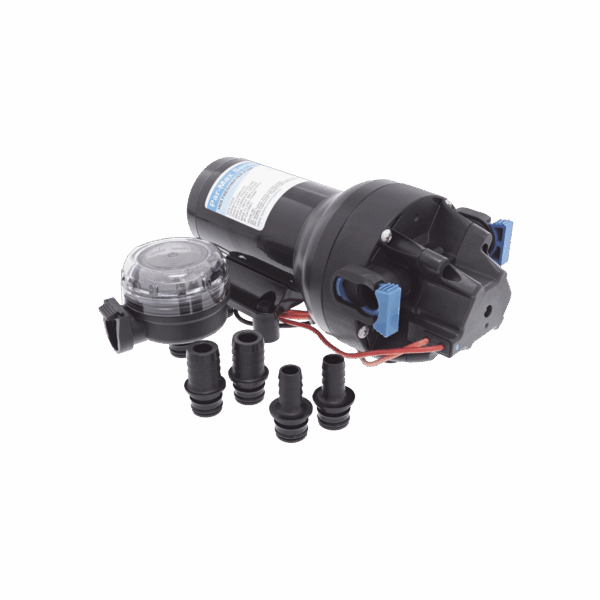 Bomba de diafragma controlada por presión para trabajo pesado ParMax de 12 Vcd, caudal de 5 GPM, presión máxima 60 psi, para manguera de diámetro interior de 13 mm (1/2") y 19 mm (3/4")