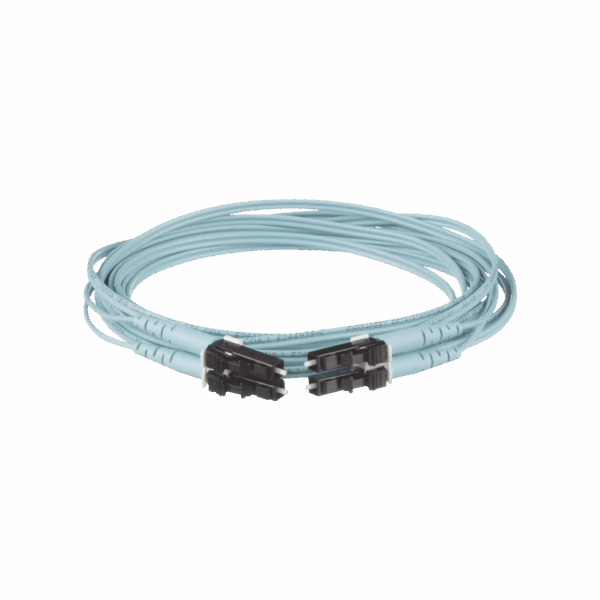 Jumper de Fibra Optica Multimodo 50/125 OM3, LC-LC Duplex, OFNR (Riser), Color Aqua, 25 Metros