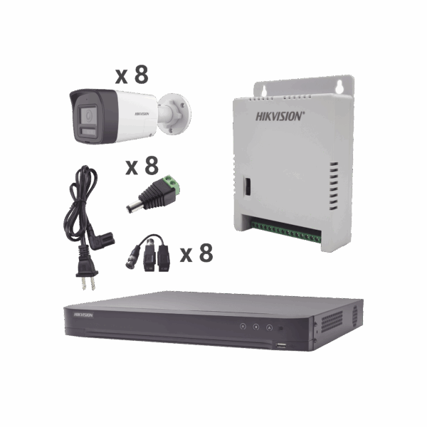Kit Audio Bidireccional TurboHD 4K-3K / DVR 8 Canales 4K / 8 Cámaras Bala (Exterior) con Bocina y Microfóno Integrado 3K / 1 Fuentes de Poder / Accesorios