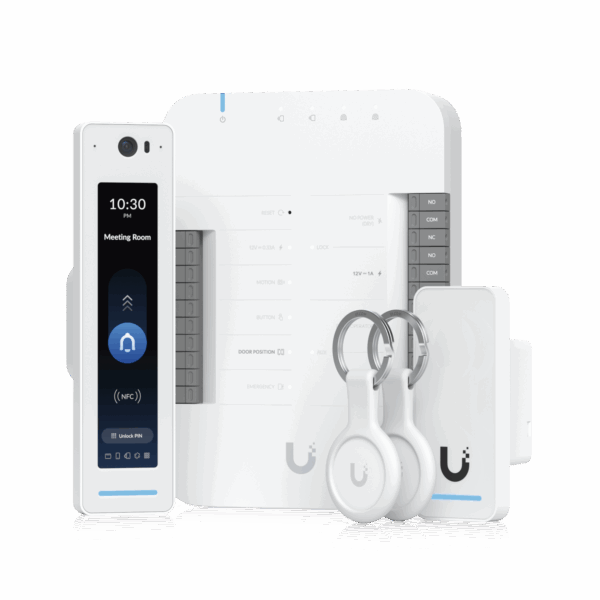 UniFi Access Kit de Inicio Gen2 Profesional para 1 puerta, (1) Lector NFC con pantalla táctil, audio 2 vías y cámara / (1) Lector NFC y de movimiento UA-G2 / Hub para conexiones para controlar una puerta con salida POE y energizar acc