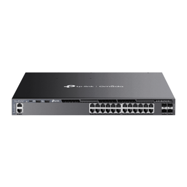 Switch Omada L3 SDN Administrable / 24 puertos PoE af/at Gigabit y 4 puertos SFP+ / Presupuesto PoE 720W / Funciones RIP, VVRP, Servidor DHCP / Administración centralizada OMADA / Fuente Redundante