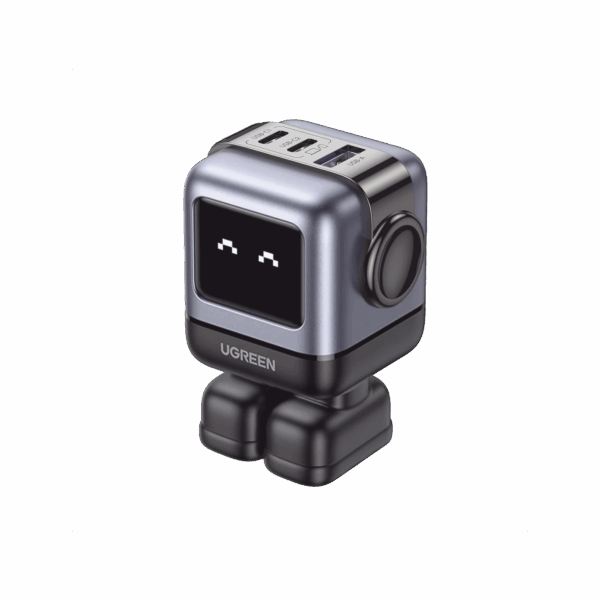 Cargador RobotGaN de 65W Serie UNO | 3 Puertos de Carga Rápida | 2 USB-C | 1 USB-A | PD 3.0 | QC 4.0 | Carga Inteligente | Tecnología GaN II | Zapato Magnético Extraíble | Carcasa Ignifuga | Pantalla LED