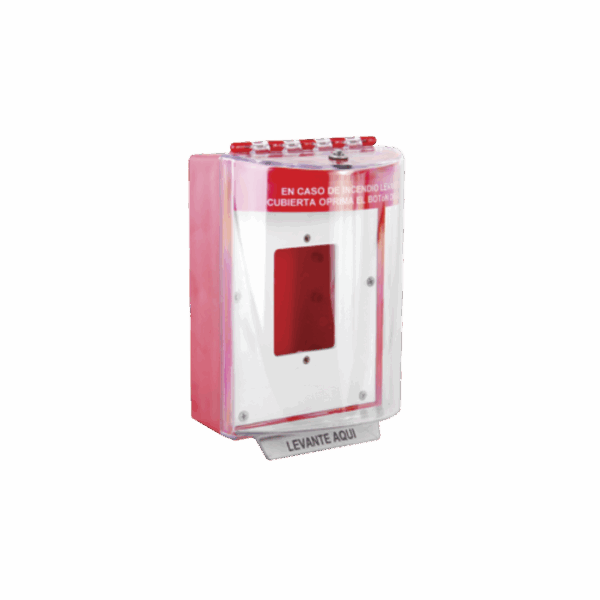 Cubierta Universal De Policarbonato Con Espaciador y Placa De Montaje Interna, Texto De Incendio En Español, Interior/Exterior, Serie Universal Stopper®