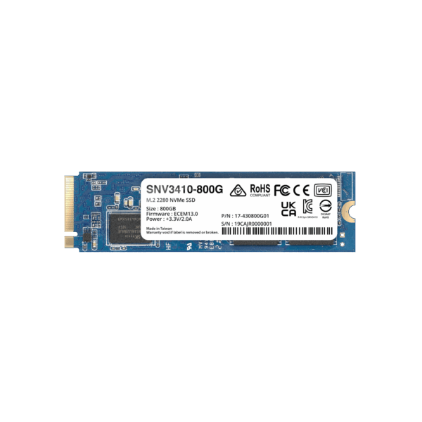 SSD NVMe M.2 SNV3410/3510 | SSD 400GB | Alto Rendimiento 400000 IOPS Lectura | 70000 IOPS Escritura | Resistencia 1022 TBW | Protección de Datos Integral | Análisis de Vida Útil | Diseñada para Sistemas Synology | Garant&ia
