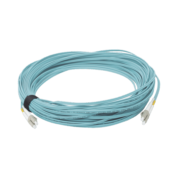 Jumper de Fibra Óptica Multimodo 50/125 XGLO OM3, LC-LC Duplex, OFNR, Color Aqua, 30 Metros