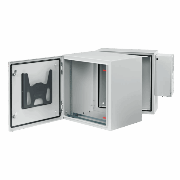 Gabinete Industrial ProTek de Puerta Sólida, Con Aire Acondicionado de 4000 BTU, Protección NEMA Tipo 4/12; IP66; IK10, Abatible, Fabricado en Acero, 19 UR, Color Gris Claro