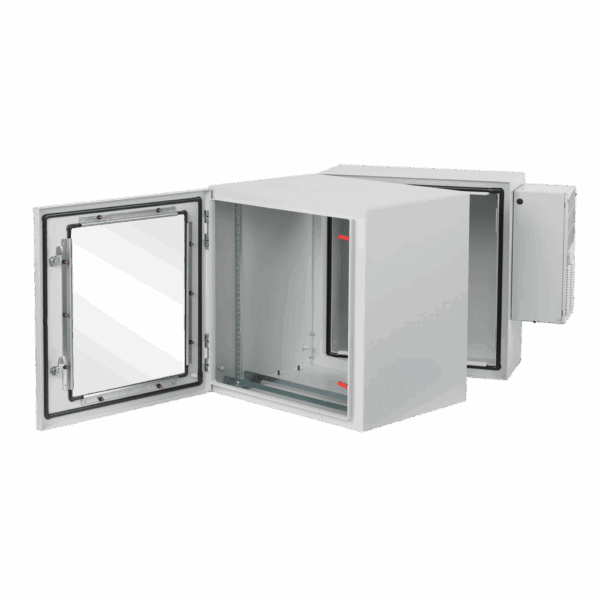 Gabinete Industrial ProTek de Puerta con Ventana, Con Aire Acondicionado de 800 BTU, Protección NEMA Tipo 4/12; IP66; IK10, Abatible, Fabricado en Acero, 19 UR, Color Gris Claro
