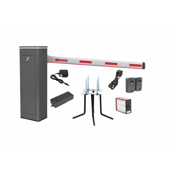 Kit COMPLETO Barrera Derecha XBS Con Corona LED / Brazo Iluminado de 5M / Incluye Sensor de Masa, Transformador, Lazo Magnético, Ancla, Fotoceldas y 2 Controles Inalámbricos