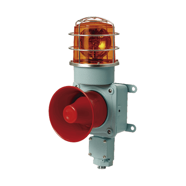 Combinación de luz de advertencia giratoria color Ámbar con bocina eléctrica para aplicaciones de la industria a 24 VCD, máx. 120 dB