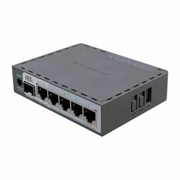 Router hEX S / 5 Puertos Gigabit Ethernet / 1 Puerto SFP 2.5G / Dual-Core ARM / 512 MB RAM / RouterOS V7 / PoE-In y PoE-Out / Montaje en Pared