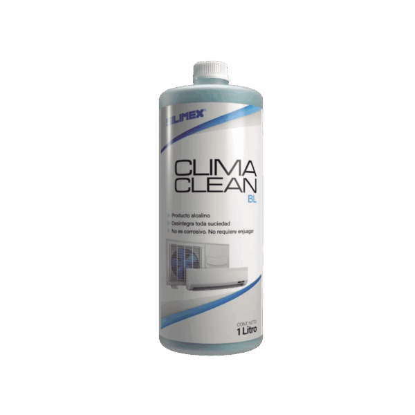CLIMA CLEAN BL Limpiador a base ácida que garantiza una limpieza profunda y profesional en derpentines de minisplits, mejorando su eficiencia y prolongando su vida útil