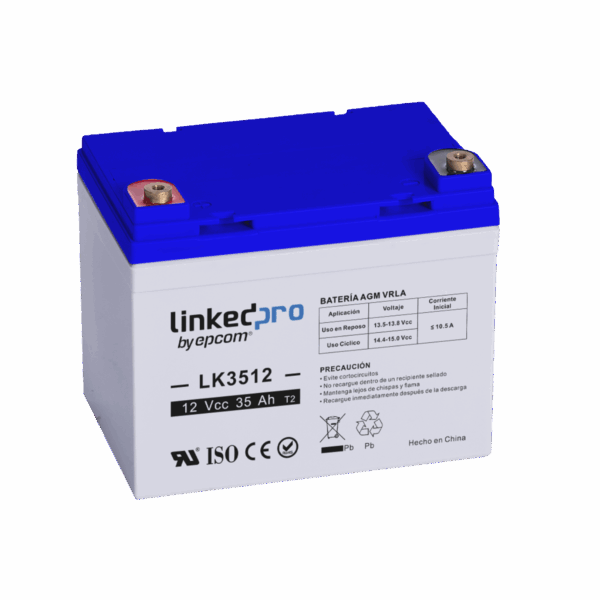 Batería 12 V / 35 Ah / UL / Tecnología AGM / Vida útil promedio de 5 años / Para uso en equipo electrónico, Alarmas de Intrusión / Incendio / Control de acceso / Video Vigilancia / Terminales T1