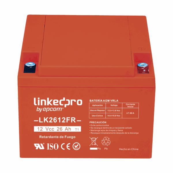 Batería 12 V / 26 Ah / UL / Tecnología AGM-VRLA / Vida útil promedio de 5 años / Retardante a la Flama / Para uso en equipo electrónico, Alarmas de Intrusión / Incendio/ Control de acceso / Video Vigilancia / Term
