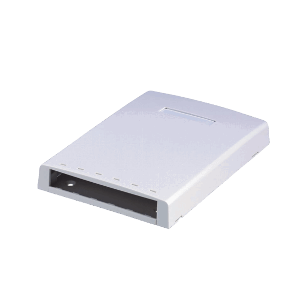 Caja de Montaje en Superficie, Con Accesorio para Resguardo de Fibra Óptica, Para 6 Módulos Mini-Com, Color Blanco