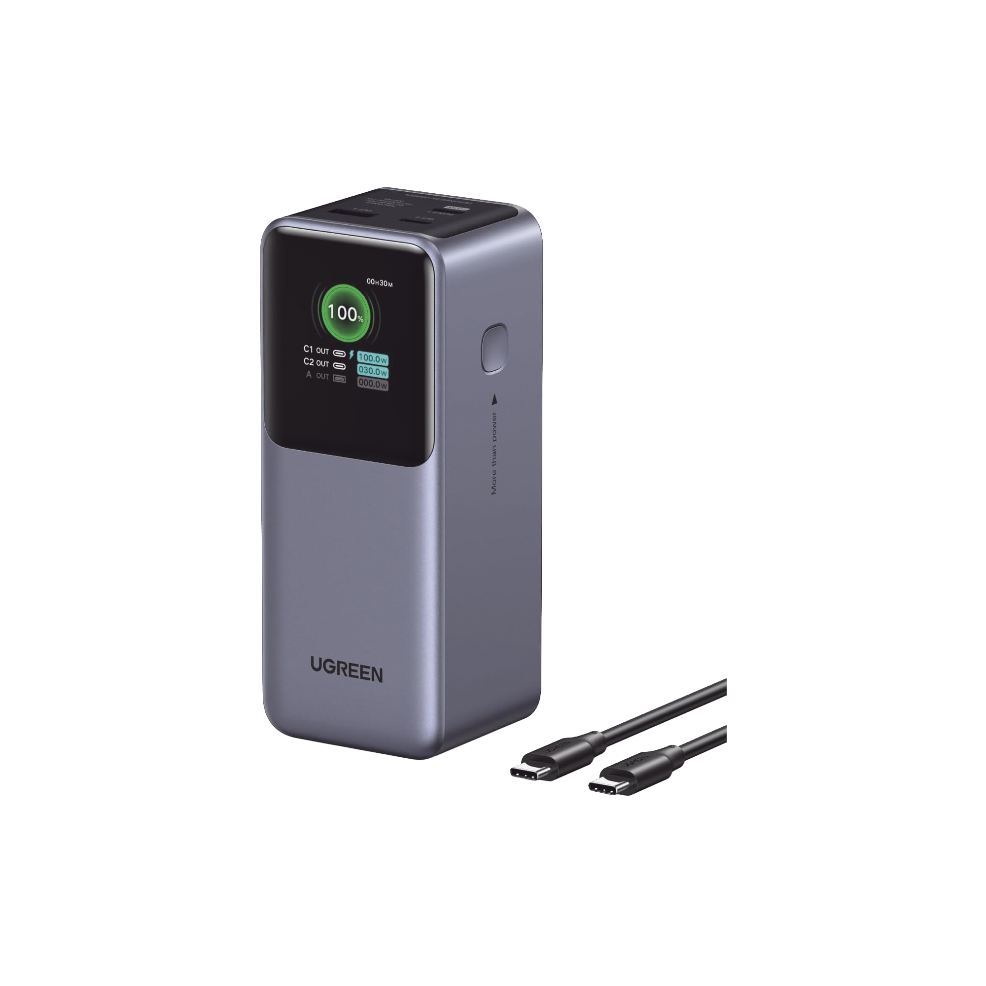 Power Bank de 20000mAh | 3 Salidas 130W Max. | USB-A + 2 USB-C | PD 3.0 | QC3.0 | FCP | SCP | Pantalla Inteligente | Carcasa Ignifuga | Color Gris | Incluye Cable USB de 50cm | Carga tu Laptop de Manera Segura.